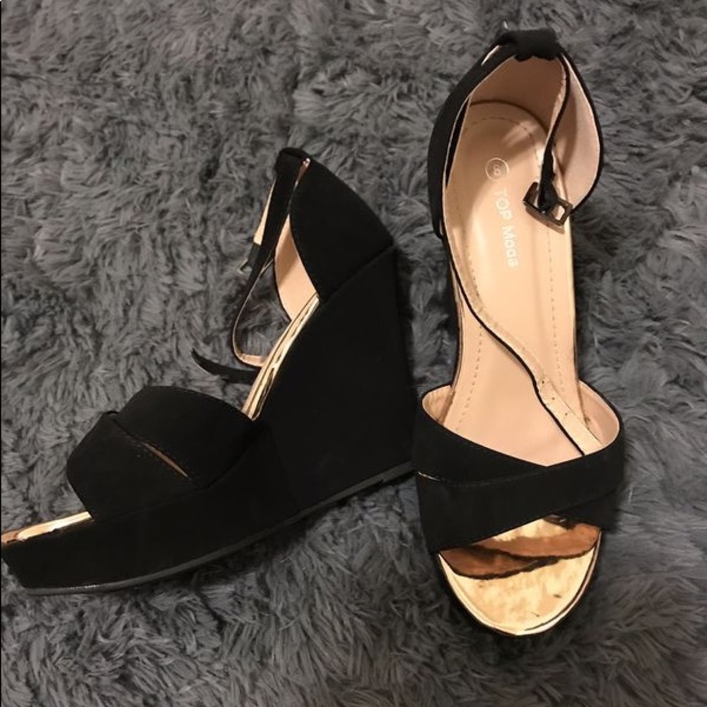 Black with gold wedge heels